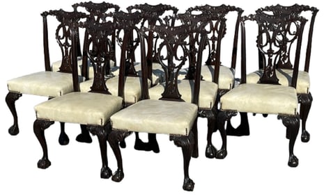 SET OF 10 FINEST QUALITY ENGLISH HIGHLY CARVED RIBBON BACK, BALL & CLAW FOOTED CHIPPENDALE STYLE C.
