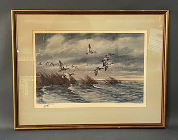 DAVID A. MASS (MINNESOTA 1929) PENCIL SIGNED LITHOGRAPH OF DUCKS IN FLIGHT OVER WATER