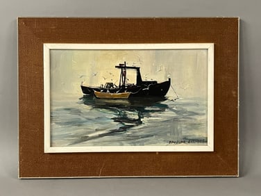 DOUGLAS FERGUSON ELIOT 1916-2015 MA CANADA O/B " LOBSTER BOAT" SIGNED LR
