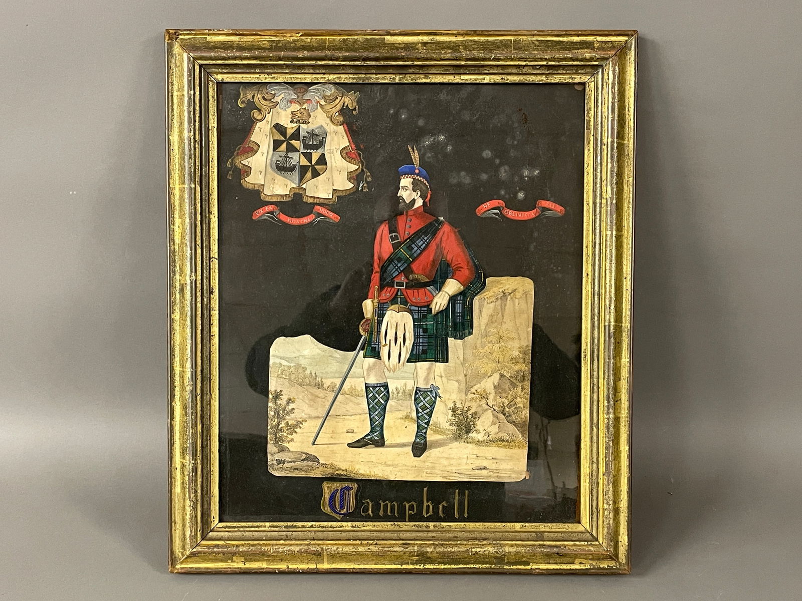 19THC W/C CAMBELL COAT OF ARMS. MAIN IN FORMAL UNIFORM, PERIOD FRAME: 19THC W/C CAMBELL COAT OF ARMS. MAIN IN FORMAL UNIFORM, PERIOD FRAME 14.5" X 17.5" X 18.5" , 21.5" FRAME