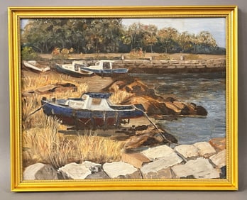 EARLY 20THC O/B COAST SCENE W/ FISHING BOATS
