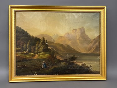 19THC O/C PANORAMIC LANDSCAPE WITH MAN PAINTING IN THE FOREGROUND