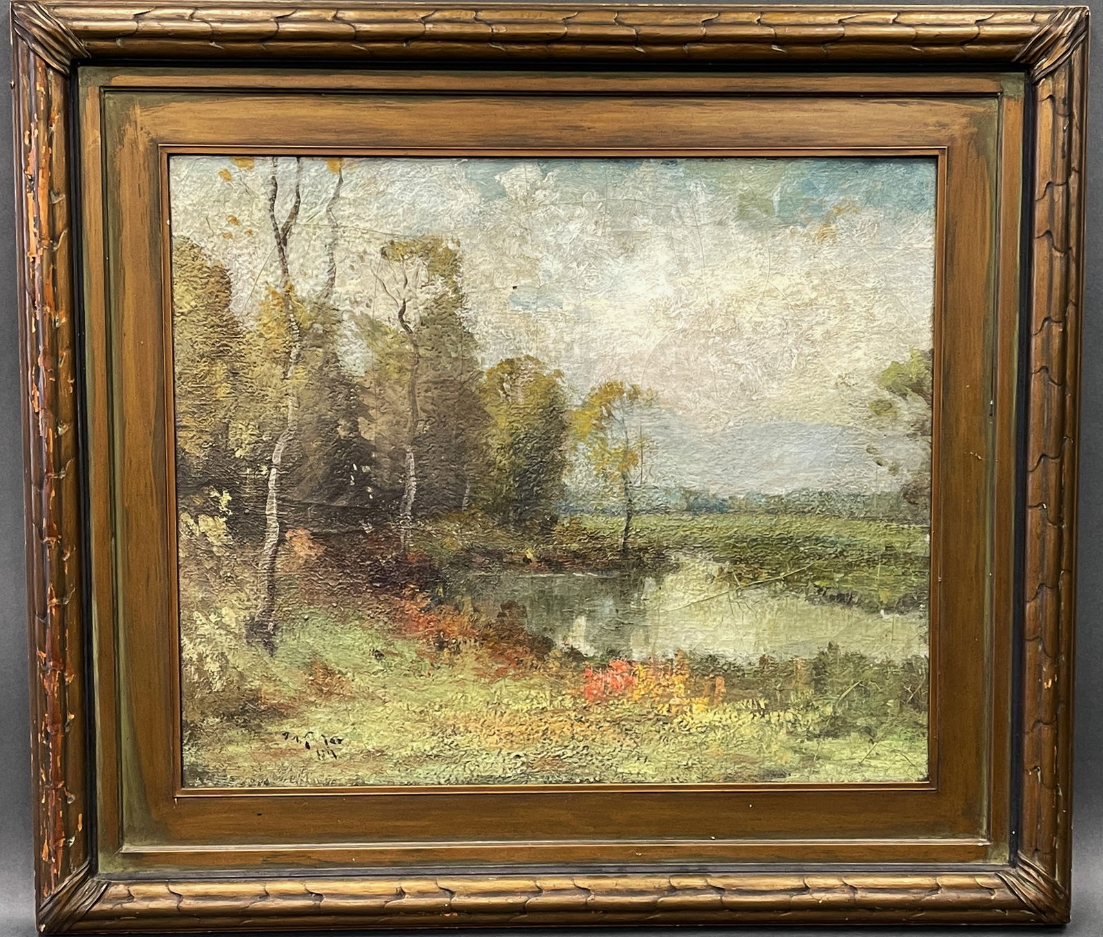 LATE 19TH C EARLY 20THC O/C IMPRESSIONIST LANDSCAPE SIGNED INDISTINCTLY LL, FINE ORIGINAL FRAME (1 of 4)