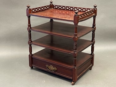 19TH C MAHOGANY FOUR TIER STAND WITH DRAWER