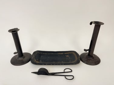 TWO HOGSCRAPER CANDLESTICKS , TOLE TRAY WITH CANDLE SNUFFER