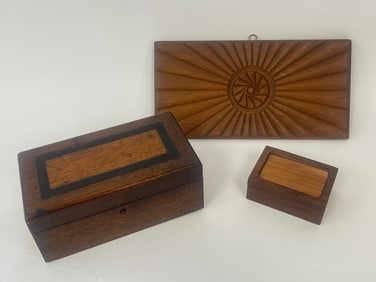 MINIATURE INLAID BOX , INLAID HUMIDOR, CARVED WALL PLAQUE