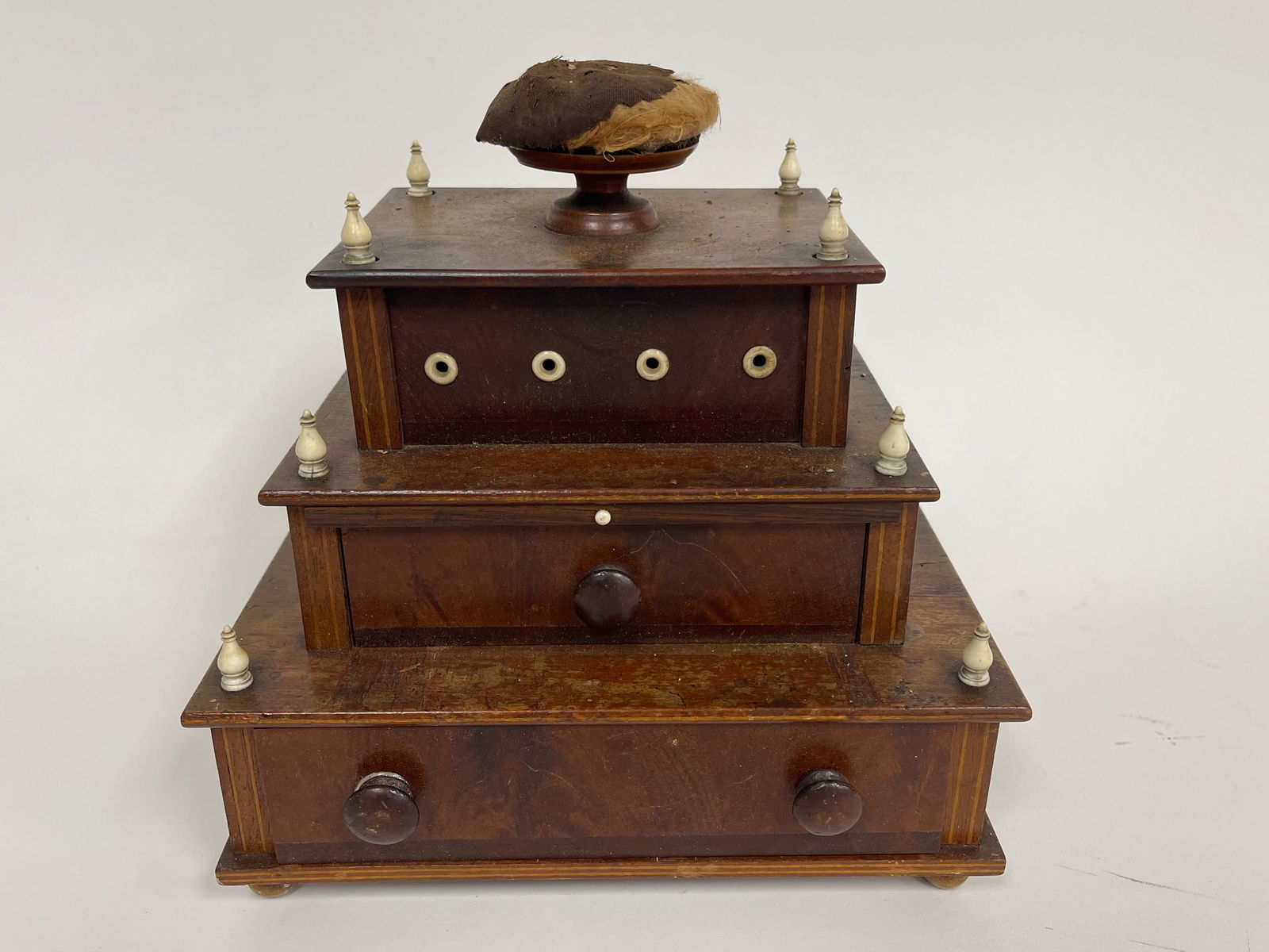 SAILOR MADE STEP -SIDED SEWING BOX W/ BONE TRIM: SAILOR MADE STEP -SIDED SEWING BOX W/ BONE TRIM, REMOVABLE TOP, AND SLIDING DRAWER 6" X 9" X 8"