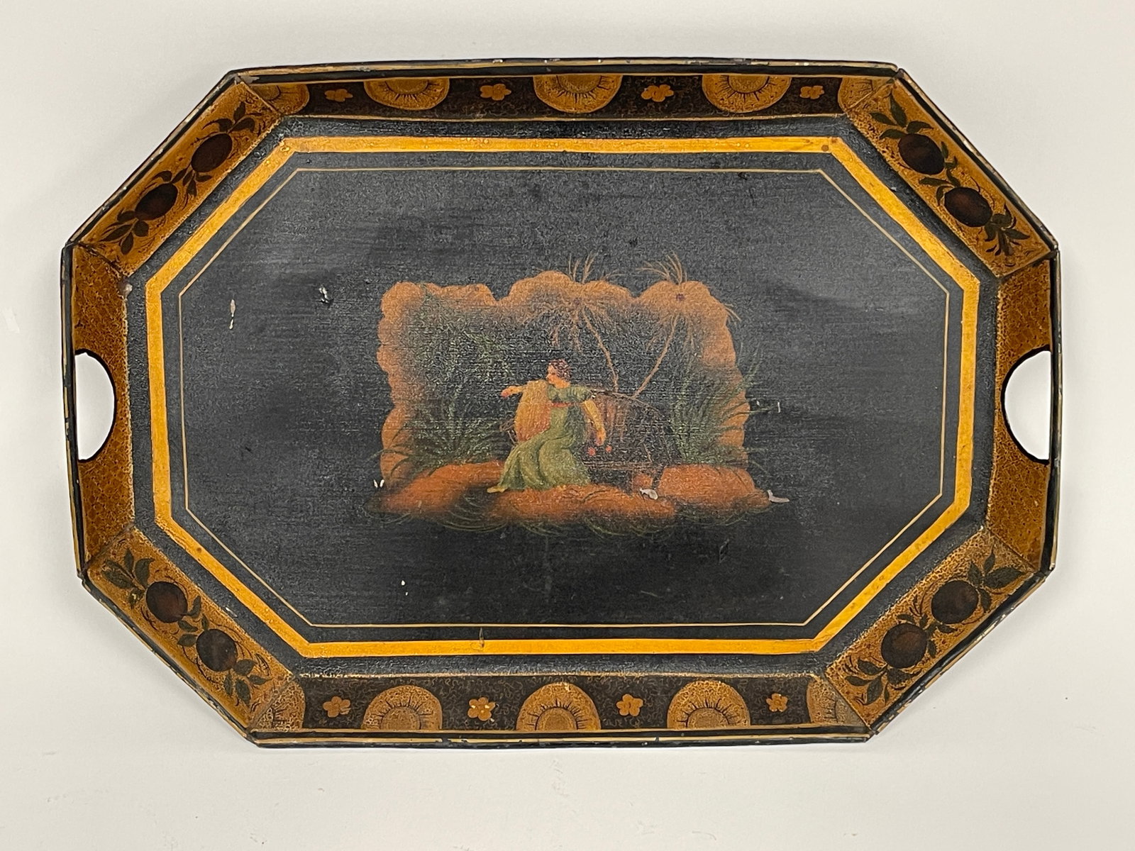 SHEET IRON POLYCHROMED TRAY: SHEET IRON POLYCHROMED TRAY WITH TRANSFER OF A NEOCLASSICAL WOMAN MOTIF 12" X 17.5"