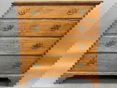 18TH C MAPLE CHIPPENDALE CHEST HAVING FOUR GRADUATED DRAWERS, ORIGINAL BRACKET BASE OLD SURFACE