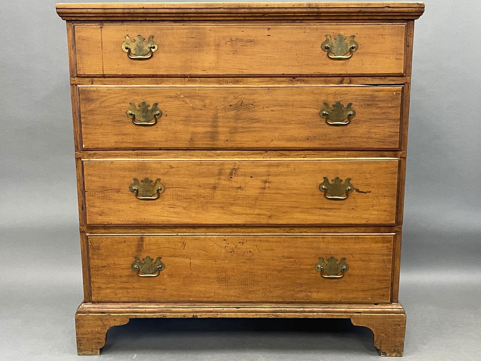 18TH C MAPLE CHIPPENDALE CHEST HAVING FOUR GRADUATED DRAWERS, ORIGINAL BRACKET BASE OLD SURFACE (1 of 7)