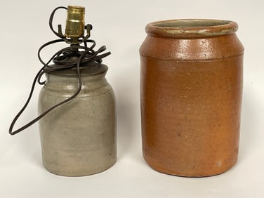 TWO STONEWARE CROCKS, ONE MADE INTO A LAMP