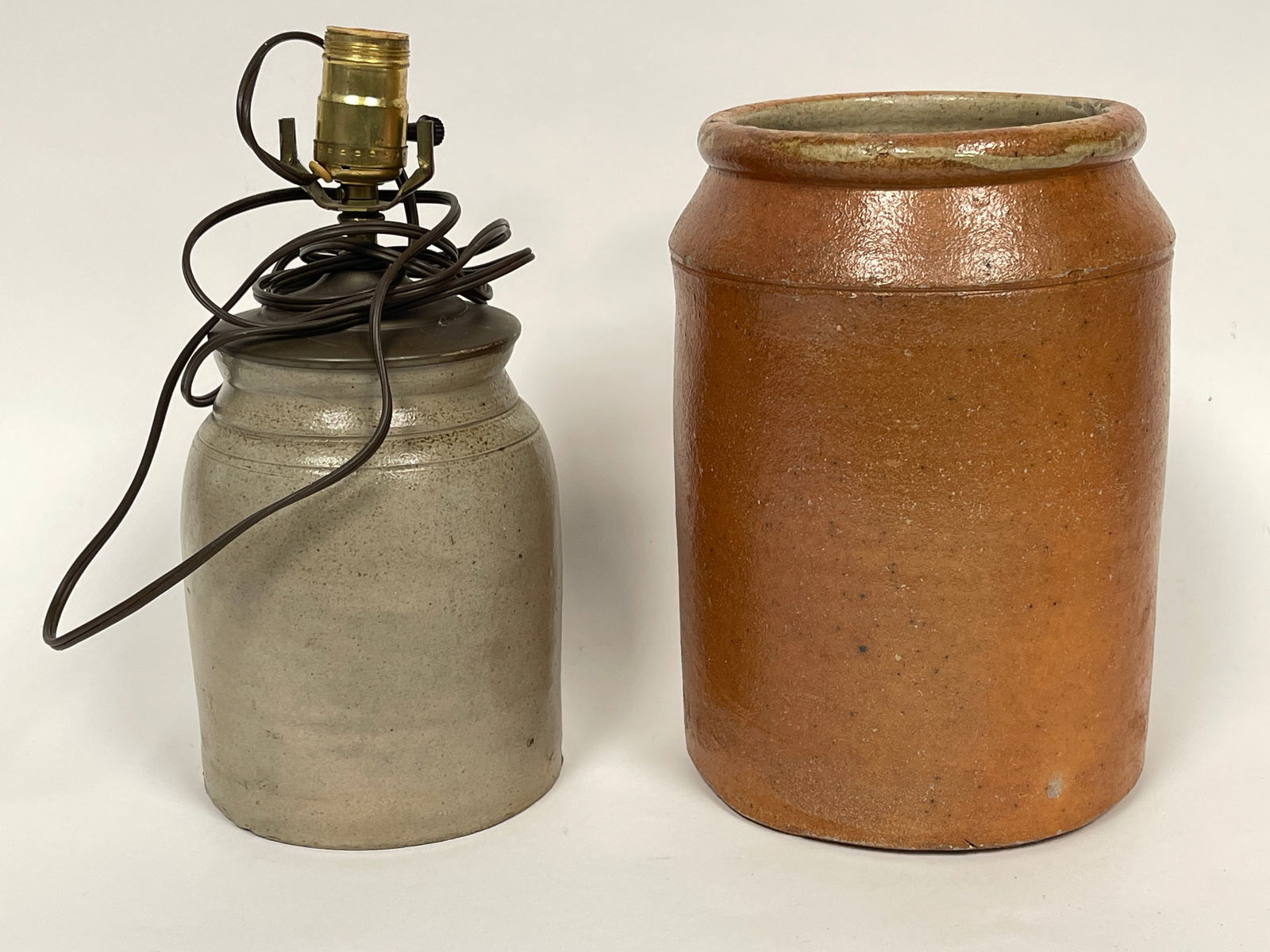TWO STONEWARE CROCKS, ONE MADE INTO A LAMP (1 of 3)