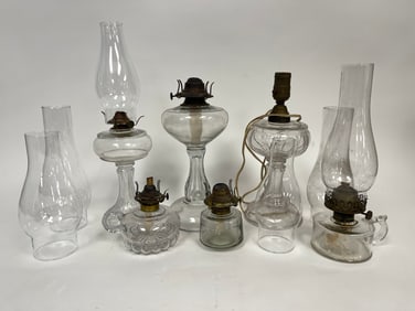 GROUPING OF GLASS OIL LAMPS, CHIMNEYS, SIX EACH