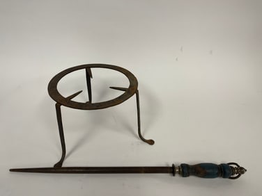 ANTIQUE SPADE SHOVEL , BLUE HANDLED FIRE POKER