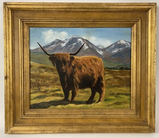 WESTERN PAINTING "HIGHLAND COW" EVELYN STRAHAN O/C OF A STEER SIGNED