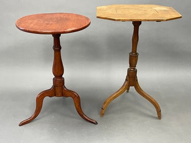 TWO EARLY CANDLE STANDS, INLAID TILT TOP , ROUND SNAKE FOOT STAND