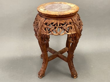 SMALL CARVED ASIAN STAND WITH MARBLE INLAID