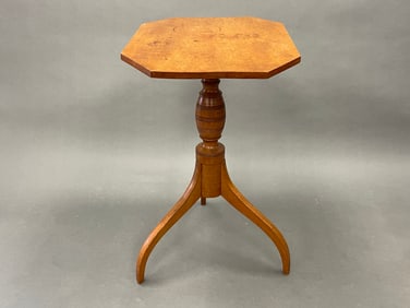 18TH C TIGER MAPLE TILT TOP CANDLE STAND