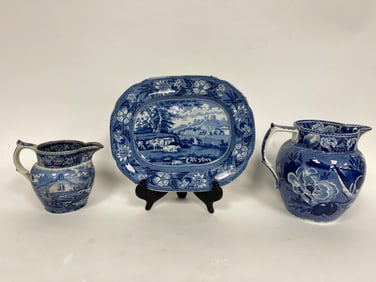 GROUPING OF FLOW BLUE , TWO PITCHES , SMALL PLATTER