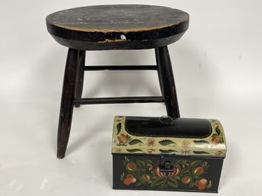 TOLE PAINTED TIN DOCUMENT BOX , TOLE PAINTED STOOL REPAINTED IN 1960'S