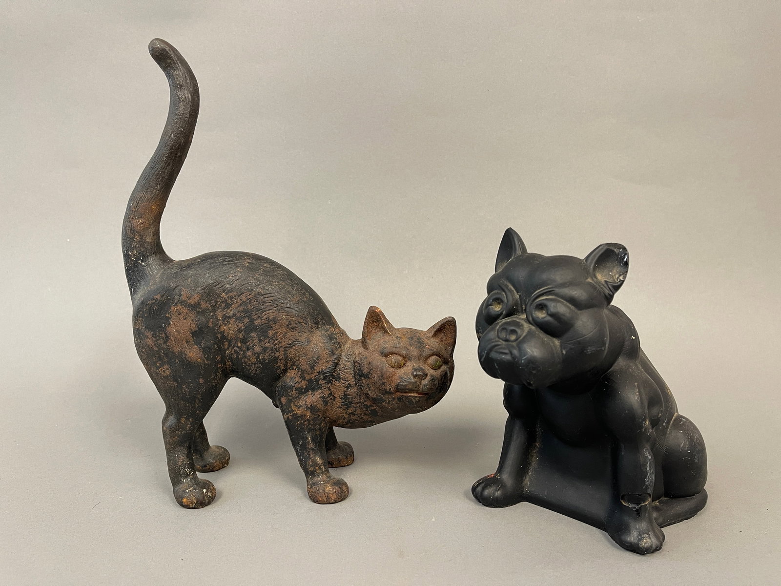 TWO CAST IRON DOORSTEPS, BLACK CAT , PUG DOG: TWO CAST IRON DOORSTEPS, BLACK CAT 8", PUG DOG 7.5"