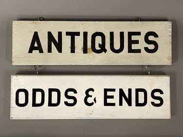 TWO WOODEN TRADE SIGNS ANTIQUES ODDS AND ENDS