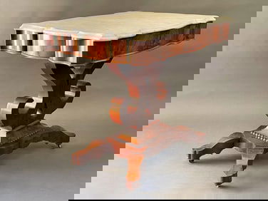 EARLY 19TH C MAHOGANY MARBLE TOP TABLE 29.75" , 31.75" X 24"
