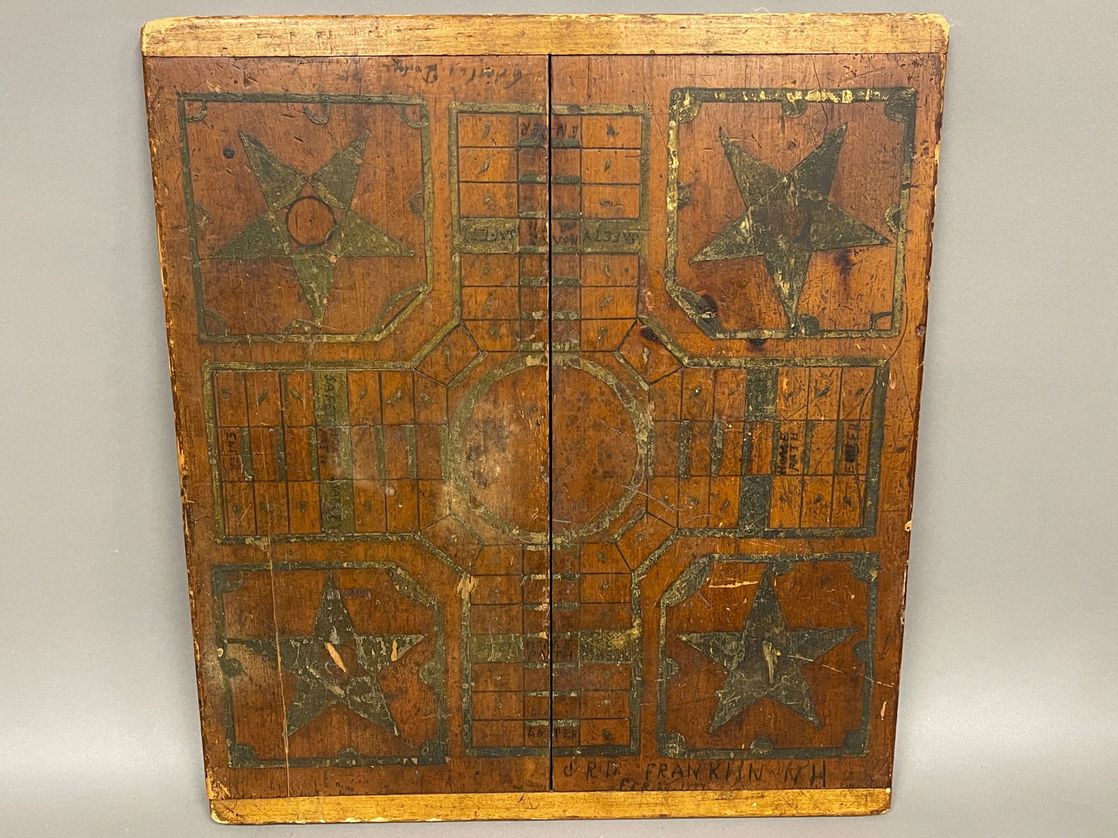 19TH C GAME BOARD SIGNED AND DATED FRANKLIN, NH (1 of 4)