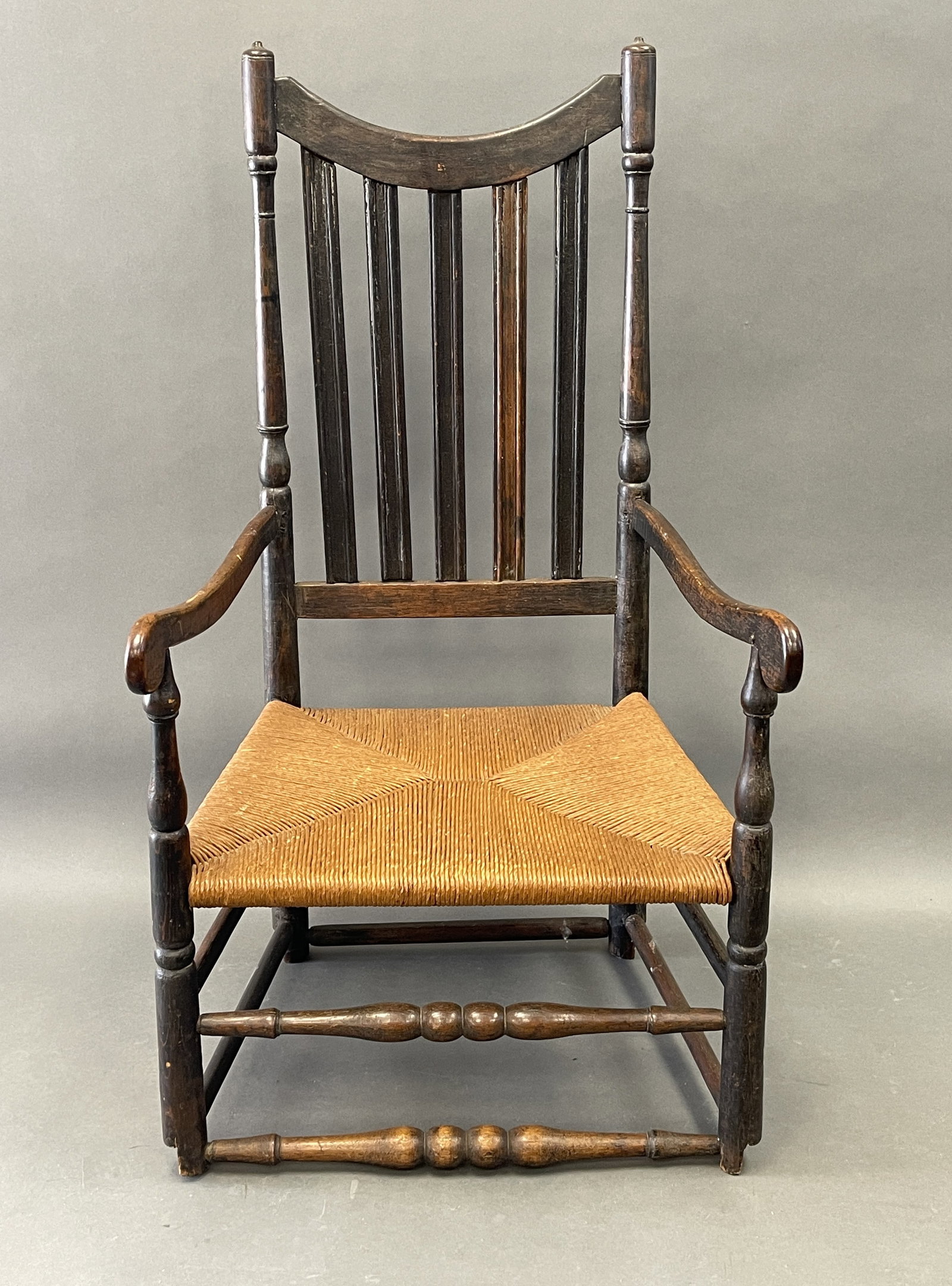 18THC BANISTER BACK ARMCHAIR, FORMERLY A ROCKER, 43 X 23 X 18: 18THC BANISTER BACK ARMCHAIR, FORMERLY A ROCKER, 43 X 23 X 18