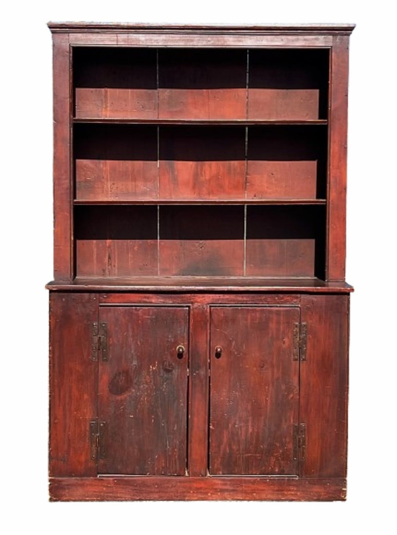 A GREAT 18THC ORIGINAL RED STEPBACK CANT BACK PEWTER CUPBOARD (1 of 7)