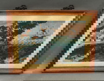 19THC CHINA TRADE WATERCOLOR OF A CLIPPER SHIP AND LANDSCAPE C.1850-1860