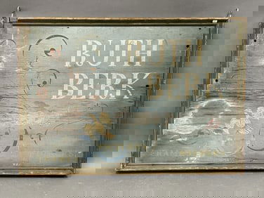 19TH C BLUE PAINTED TRADE SIGN "RUTH BERK" FRAMES PICTURES & MIRRORS WITH FOLK ART PAINTED LOVEBIRD