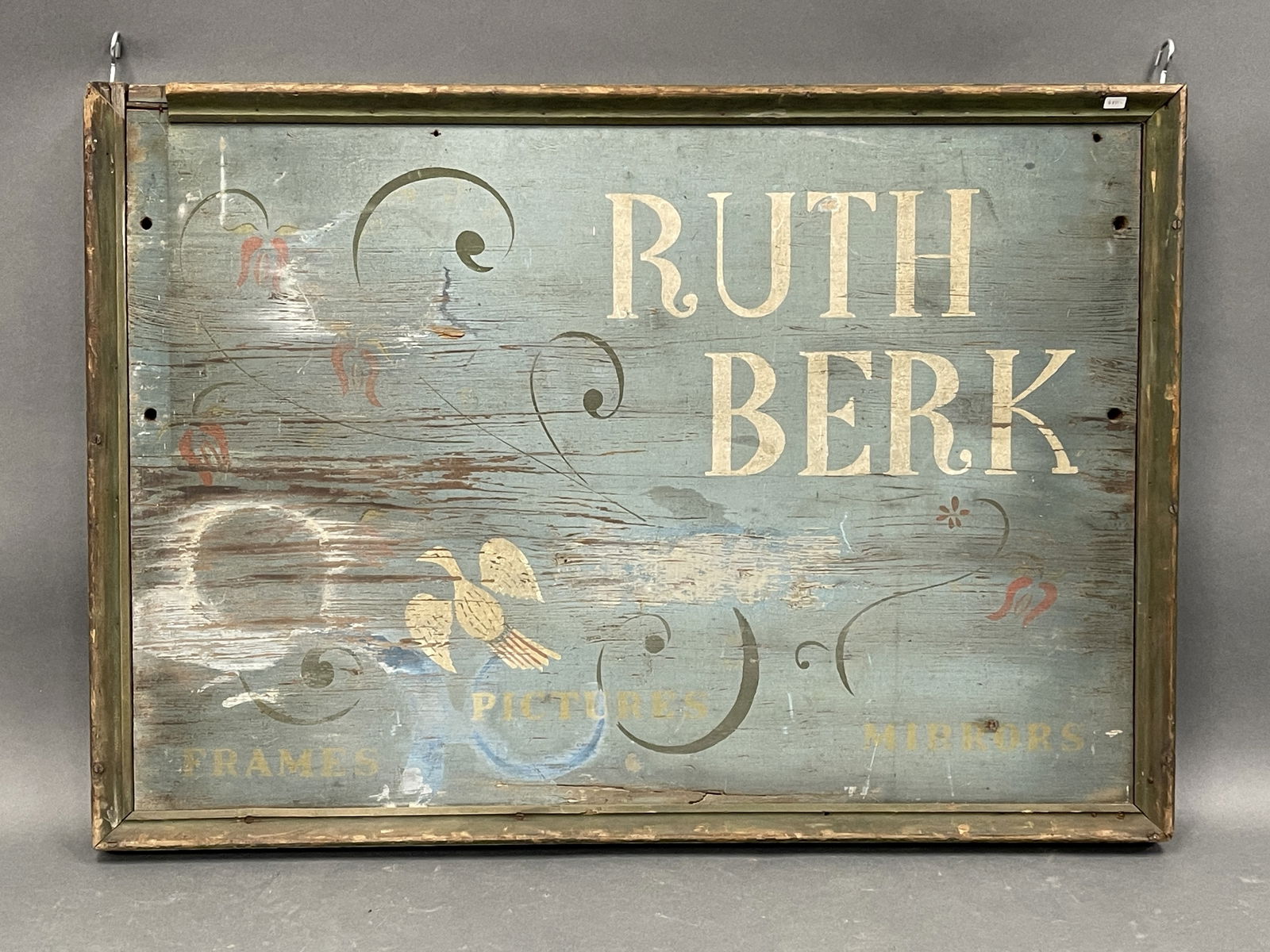 19TH C BLUE PAINTED TRADE SIGN "RUTH BERK" FRAMES PICTURES & MIRRORS WITH FOLK ART PAINTED LOVEBIRD (1 of 8)