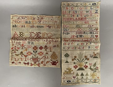 2 EARLY 19THC HOMESPUN AMERICAN SAMPLERS IN BRIGHT COLORS