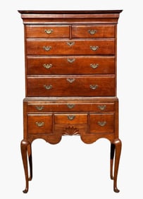 A INE 18THC QUEEN ANNE CHERRY HIGHBOY RHODE ISLAND 1740C WITH SHELL CARVED APRON ALL ORIGINAL