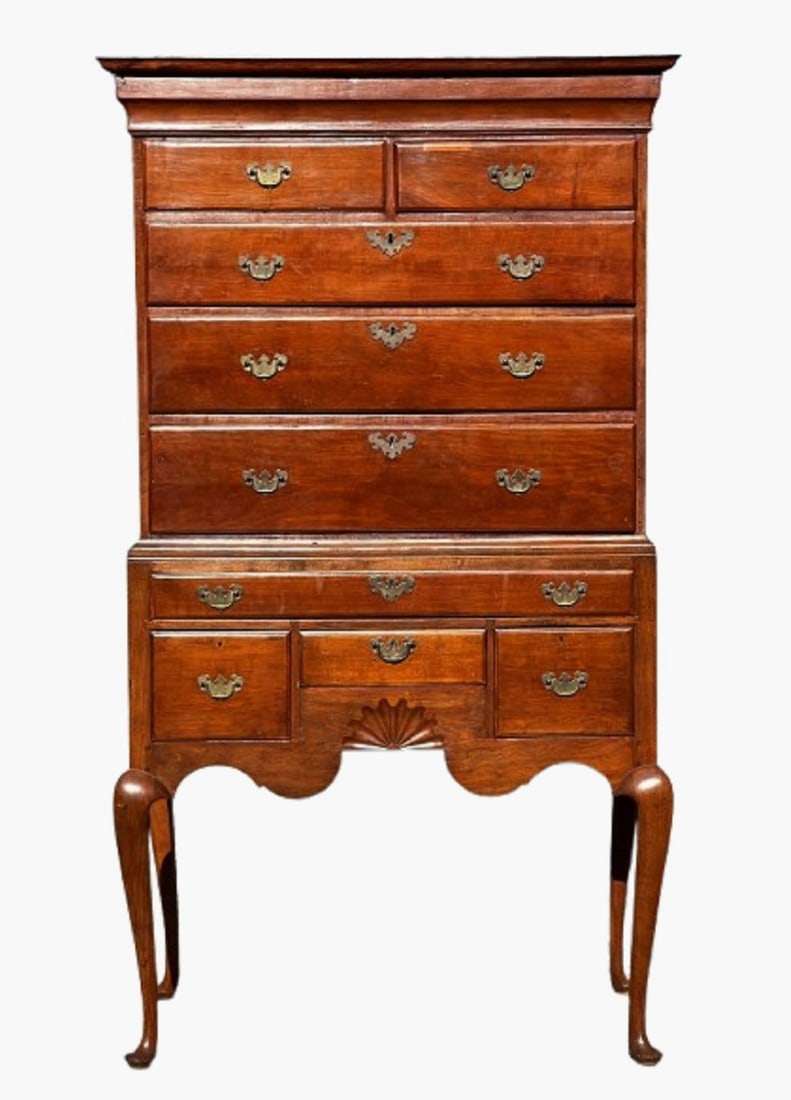 A INE 18THC QUEEN ANNE CHERRY HIGHBOY RHODE ISLAND 1740C WITH SHELL CARVED APRON ALL ORIGINAL (1 of 7)