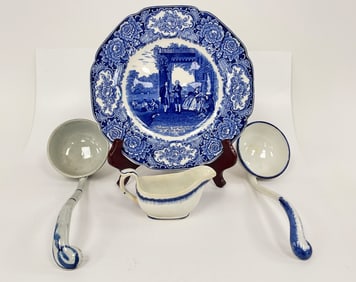 TWO LEEDS FEATHER EDGE LADLES, CREAMER , ROYAL DUTCH PLATE