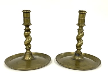A PAIR OF 17TH ENGLISH SPIRAL STEM BRASS CANDLESTICK