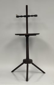 AN 18TH C SCREW TOP DOUBLE CANDLE LIGHTING STAND IN OLD RED PAINT C.1760
