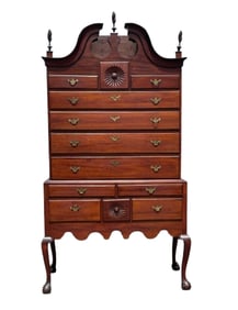 A RARE 18TH C CONNECTICUT RIVER VALLEY CHIPPENDALE BONNET TOP HIGHBOY IN OLD SURFACE