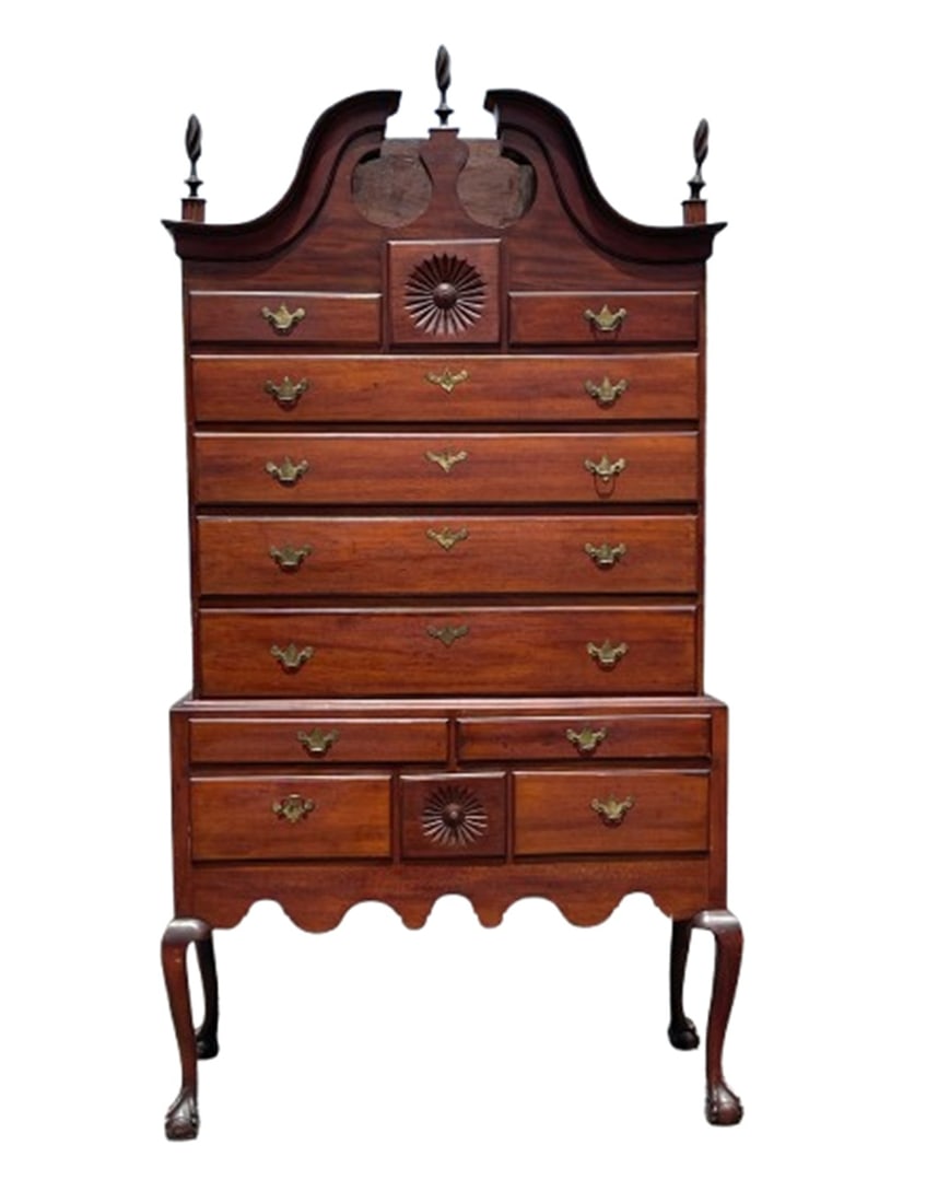 A RARE 18TH C CONNECTICUT RIVER VALLEY CHIPPENDALE BONNET TOP HIGHBOY IN OLD SURFACE (1 of 7)