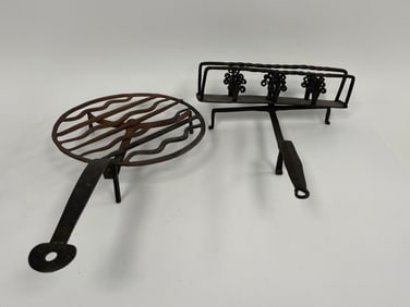A LOT OF 2 18TH C WROUGHT IRON FIREPLACE ROASTER, OLD SURFACE