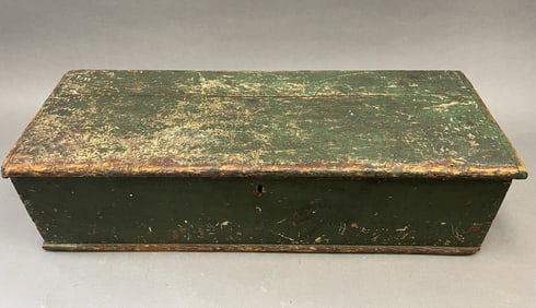 ANTIQUE SMALL EARLY SEA CHEST IN OLD GREEN