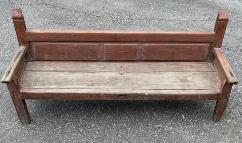 EARLY RAISED PANEL 6' BENCH IN ORIGINAL RED PAINT