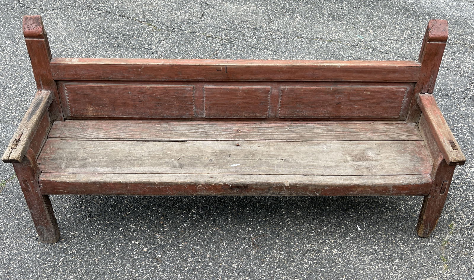 EARLY RAISED PANEL 6' BENCH IN ORIGINAL RED PAINT (1 of 4)