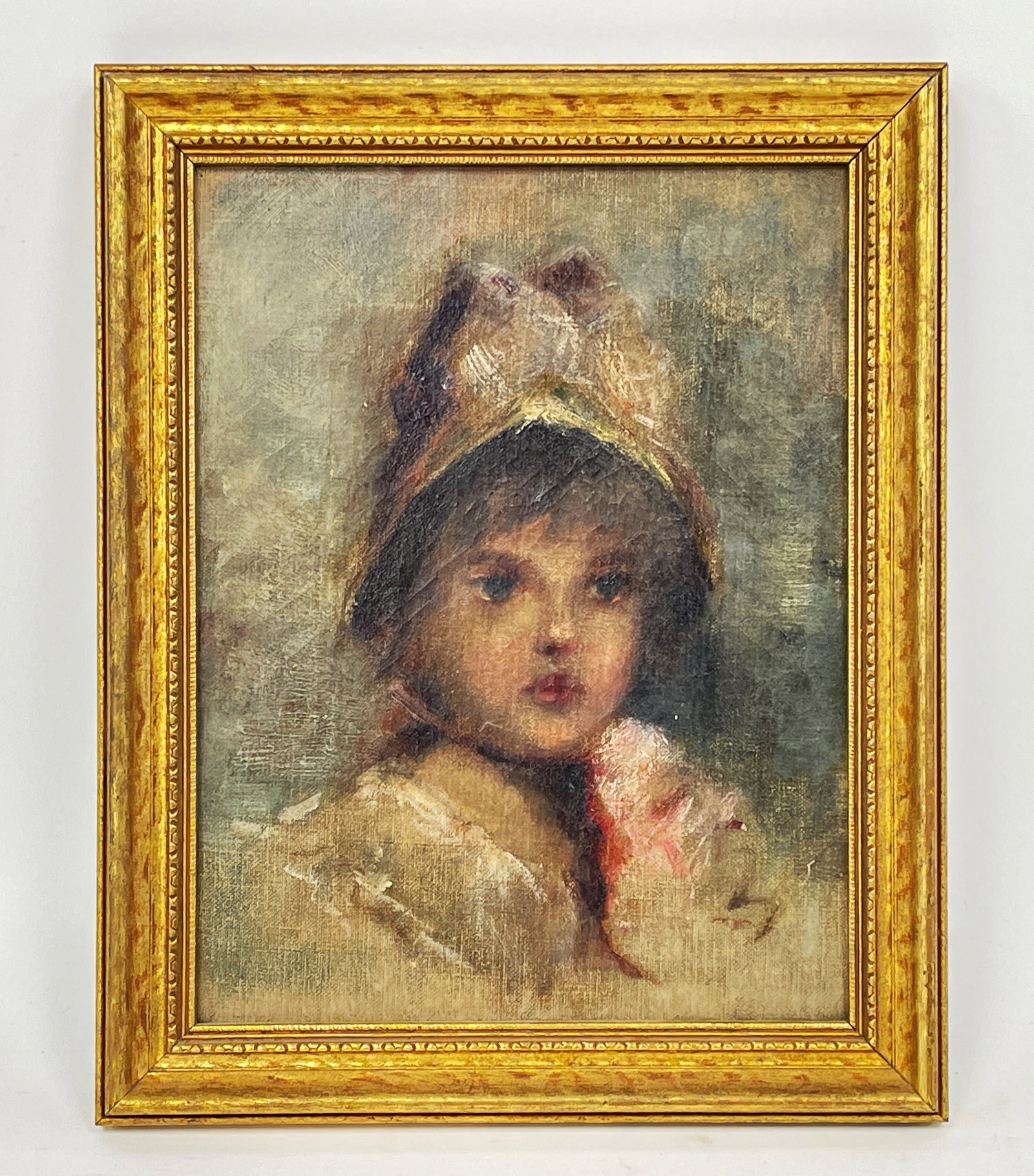 IMPRESSIONISTIC PORTRAIT OF A YOUNG GIRL: IMPRESSIONISTIC PORTRAIT OF A YOUNG GIRL. 19th CENTURY OIL ON CANVAS IN GILT FRAME. (School of Mary Cassett/Auguste Renoir) No signature found. Painting size: 9” high x 7” wide. Frame size
