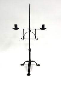 18TH C WROUGHT IRON ADJUSTABLE DOUBLE CANDLE HOLDER IN OLD FINISH