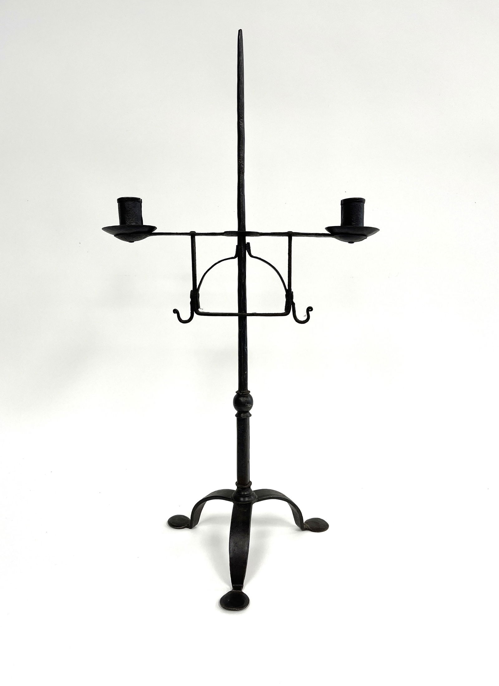 18TH C WROUGHT IRON ADJUSTABLE DOUBLE CANDLE HOLDER IN OLD FINISH (1 of 5)
