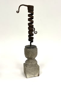 FORGED IRON SPIRAL CANDLESTICK ON ORIGINAL WOODEN BASE