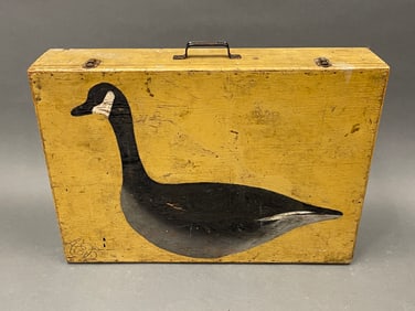 FOLK ART PAINTED DECOY BOX WITH DECOY STAND